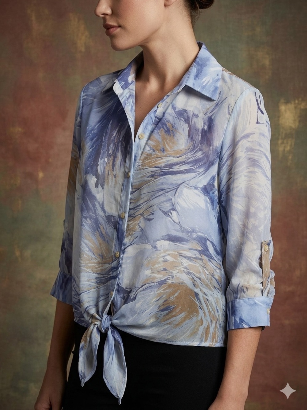 Frank Lyman Design Blue and Tan Tie-Front Button Down Blouse